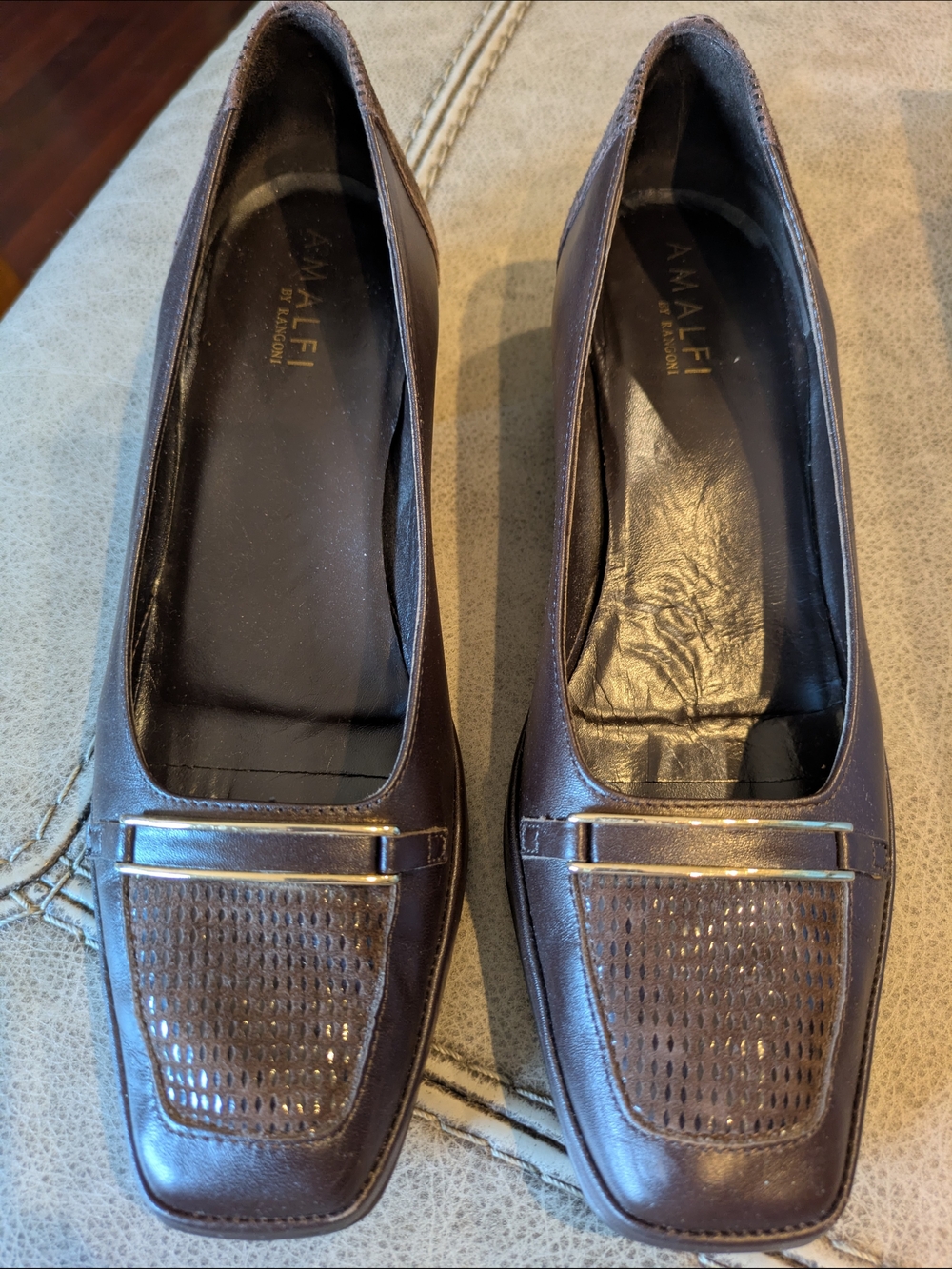 Women’s Brown Calfskin Leather Loafers With Silver Accent Bar, Suede Vamp.